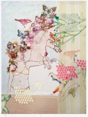 Orly Cogan  Birds Song, 2006  Embroidery, applique and paint on vintage textile  22h x 18w in, female nudes, birds, nature