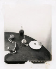 Laura Letinsky  Untitled, 2001, from the series Time's Assignation, 2001  Polaroid  4 1/2h x 3 1/2w in, oxidized polaroid of a table top still-life with half circle table, vase, orange peel, saucer