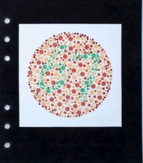 Lydia See  Colorblindness Tests - #67, 2020  “Dvorine Pseudo-Isochromatic Plates”, cotton embroidery thread, gouache  6 3/4h x 6w in 17.15h x 15.24w cm  $250  LS_010, Red, orange, yellow dots with "67" in the center