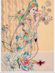 Orly Cogan   Enchanted, 2006  Embroidery, applique and paint on vintage textile  25h x 18w in