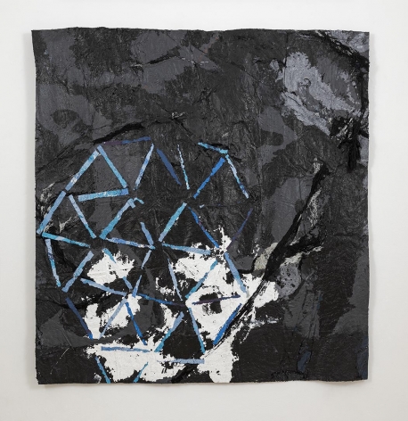 Randy Shull  Mundo, 2021  Acrylic on hammock mounted to panel  77h x 70w in 195.58h x 177.80w cm  RS_039, mostly black acrylic with black nylon hammock threads, blue canvas shape of a geodesic dome throughout the bottom 2/3 of the work