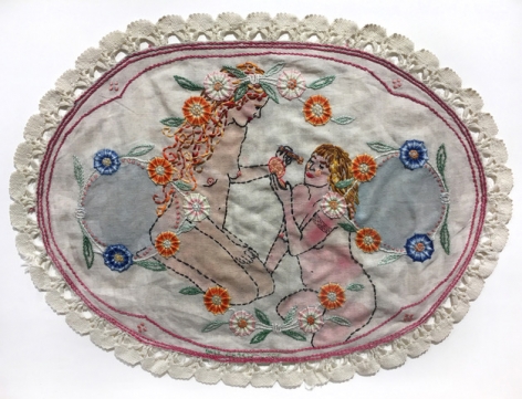 Orly Cogan  Sisterhood, 2005  Hand Stitched embroidery, crochet and paint on vintage doily  17h x 21 1/2w in, Feminist Art, Female gaze, two nude female figures kneeling, embroidery
