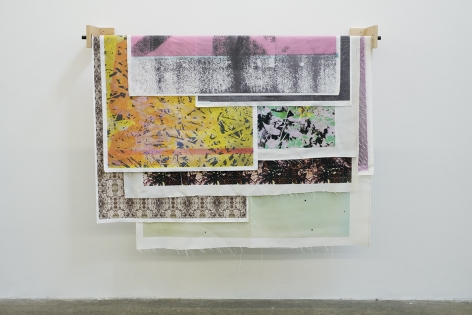 Bryan Graf  Debris of the Days, 2018-ongoing  Modular installation, Inkjet prints on cotten linen fabric, dye sublimation prints, wooden brackets and steel roller bar  Dimensions variable