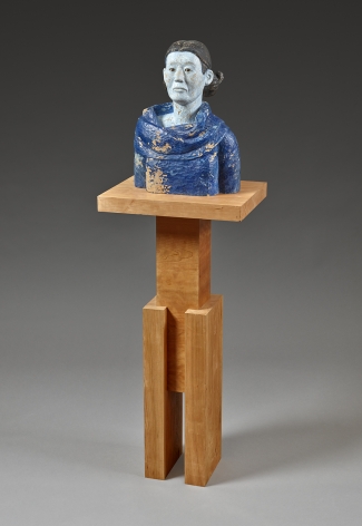 Sachiko Akiyama  Mountain, Sky, 2019  Wood, Paint, Resin  55h x 18w x 14d in. a bust made from mixed materials with a blue sweater and bluish skin