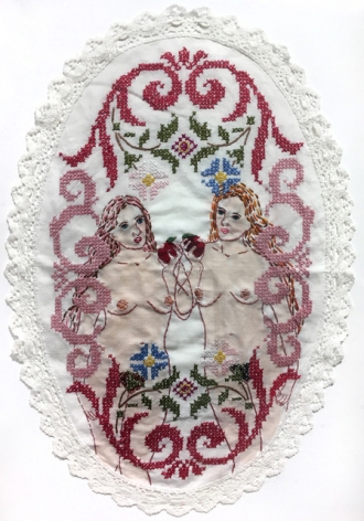 Orly Cogan  Double Eve, 2005  Hand Stitched embroidery, crochet and paint on vintage doily  25h x 18 1/2w in, nudes