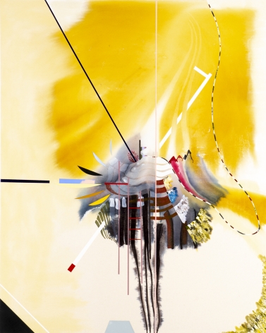 Luke Whitlatch  Some speak of the Sunlike, 2020  Dye, Acrylic and Oil on Canvas  40h x 50w in 101.60h x 127w cm  LW004 bright yellow abstract painting