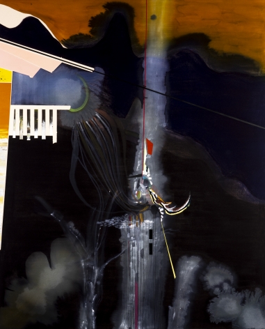 Luke Whitlatch  Rise of the Rumble Man, 2020  Dye, Acrylic and Oil on Canvas  62h x 76w in 157.48h x 193.04w cm  LW001 dark abstract painting