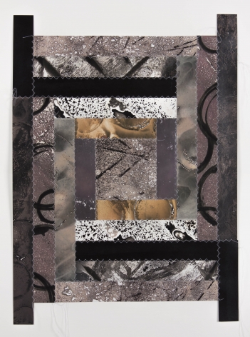 Bridget Conn  Pattern-Speak #2, 2018  Silver gelatin photographic chemigram collage, thread  19 1/2h x 15 1/2w in 49.53h x 39.37w cm  Framed: 21 1/4h x 17 1/4w in 53.98h x 43.82w cm