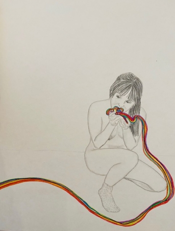 Orly Cogan  Devouring Rainbows, 2020  Colored pencils and granite on paper  18h x 12w in 45.72h x 30.48w cm  OC006, $600 unframed, drawing of woman crouching devouring a rainbow which extends from lower left to lower right. Feminist art, female gaze