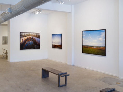 Gallery installation view of large-format, color photographs of Freshkills Park by Jade Doskow