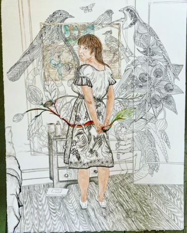 Orly Cogan  The Life of Imagination, 2020  Ink, colored pencil, granite on paper  33h x 27w in 83.82h x 68.58w cm, $1,000 unframed, color drawing of woman turning around, birds, branches and rainbows, feminist art, female gaze.