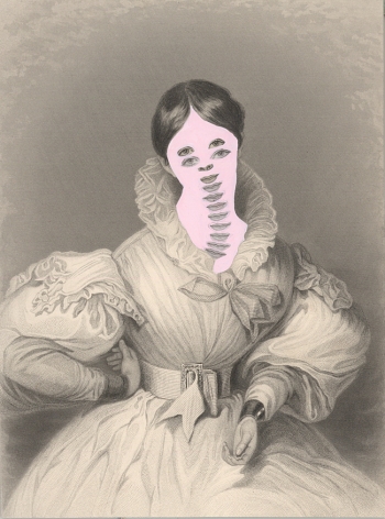 Kirsten Stolle, Mrs. John Goldsmith 1861/2014, from the series de-identified, 2014, gouache and collage on 19th century engraving,  7 1/2h x 5w in, mixed media