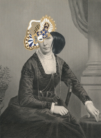 Kirsten Stolle, Mrs. Edward Salisbury 1859/2014, from the series de-identified, gouache, ink, gold paint, and collage on 19th century engraving