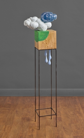 Sachiko Akiyama  Between, 2019  Wood, Steel, Paint, Resin  53h x 14w x 8d in. an abstract sculpture featuring a wooden cube and resin cast head on top of a cloud