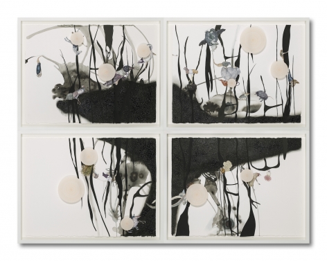 Kirsten Stolle  Speculative Animals, 2018  Mixed Media  26x33.5 in each (Framed)  Framed: 51 1/2h x 67w in 130.81h x 170.18w cm  Unique - a mixed media work consisting of 4 panels assembled to make a larger abstract image featuring animal motifs.