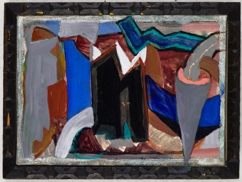 Gerald van de Wiele  Zig Zag Rag, 2000  Acrylic on canvas in artist's hand-carved frame  8 1/2h x 11 1/4w in, abstract painting with conical shapes in blue, black, grey and maroon, in hand carved black frame