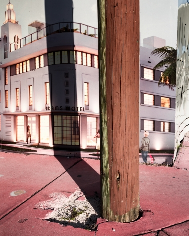 Park Avenue, 2018, from the series FloodZone  Archival pigment print  32 x 40 inches  Edition of 5, advertisement of an art deco building on a wall with a shadow of a telephone pole across the center, pink sidewalk in front