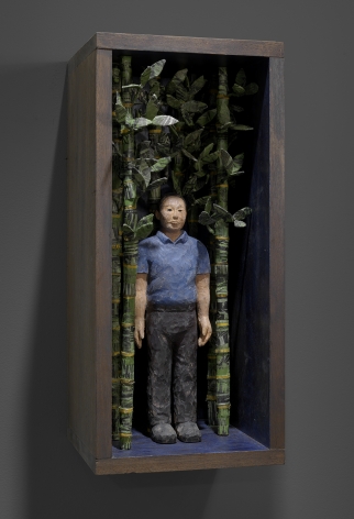 Sachiko Akiyama  In the Forest of Ghosts, 2016  Wood, Paint, Woodblock Prints, Wire  10 1/2h x 10w x 23 1/2d in. a self contained artificial ecosystem  with a figure in a bamboo like forest.