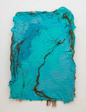 Randy Shull  Turquoise Siesta, 2021  Acrylic on hammock  66h x 51w in 167.64h x 129.54w cm  RS_040, Brilliant blue/green abstraction with gold nylon threads running through and hanging below the painting