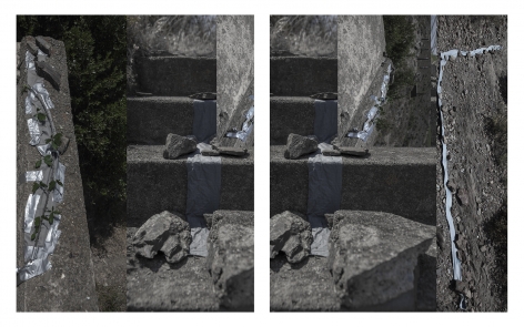 Dawn Roe  Francoist Bunker, Spain/France Border (Concrete, Cloth, Boulders, Tape), from the series "Conditions for and Unfinished Work of Mourning: Beauty As a Appeal to Join the Majority of Those who Are Dead", 2017  Two Panel Archival Pigment Print  20 x 16 inches each, Asheville, Contemporary Art, Photography