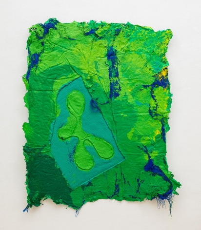 Randy Shull  Jungle Vision, 2021  Acrylic on hammock  66h x 50w in 167.64h x 127w cm  RS_037, deep greens with hints of blue and yellow, green hammock woven throughout