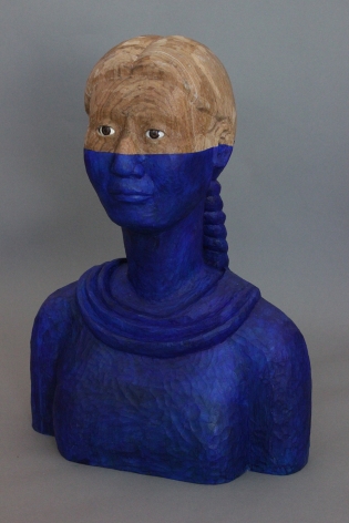 Sachiko Akiyama  Parallel World, 2017  Wood, Resin, Paint  6h x 12w x 7 1/2d in. a bust of a female figure where from the nose down is a deep blue