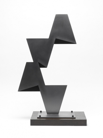 Ralston Fox Smith  Return, 2019  Steel, wood base, hand painting  26h x 12w x 1/4d in  Unique -  a painted steel sculpture featuring several trapezoidal figures arranged in space mounted to a wooden base.