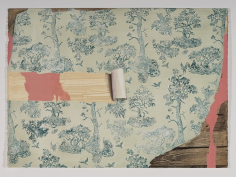 Margaret Curtis  Scroll, 2021  Gouache on paper  22h x 30w in 55.88h x 76.20w cm  MC_067, horizontal work on paper featuring toile wallpaper with a horizontal roll revealing the wood panel behind