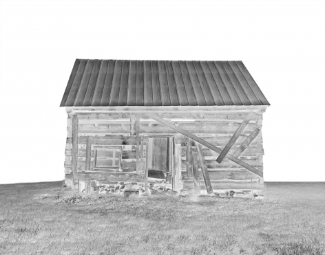 Gesche Würfel  Slave Dwellings (Pine Hall Plantation), 2014  Archival Pigment Print  11h x 14w in 27.94h x 35.56w cm, Photograph, solarized image of a slave cabin