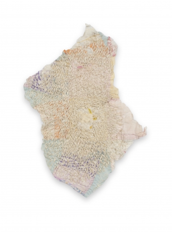 Rachel Meginnes  Seed, 2019  Quilt fragment and hand stitching  11h x 7w in, jagged quilt fragment with hand stitching that resembles seeds