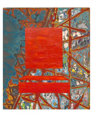Randy Shull  Furniture Painting, 2018  oil and acrylic  20h x 17w in, abstract painting of blue, yellow and red with a large red rectangle and bench form