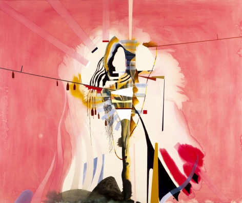 Luke Whitlatch  Left side of route 50, 2020  dye, acrylic and oil on canvas  60 x 72 inches  LW002, bright pink dyed colors fields with an abstracted figure in the center