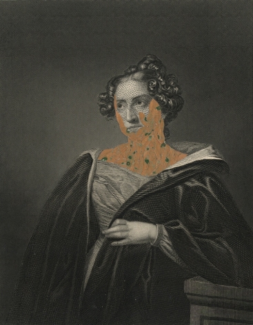 Kirsten Stolle, Mrs. John Pettigrew 1860/2014, from the series de-identified, 2014, ink and collage on 19th century engraving,7 1/2h x 5w in, Mined Media