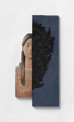 Wooden sculpture with human bust and dark panel, by Sachiko Akiyama