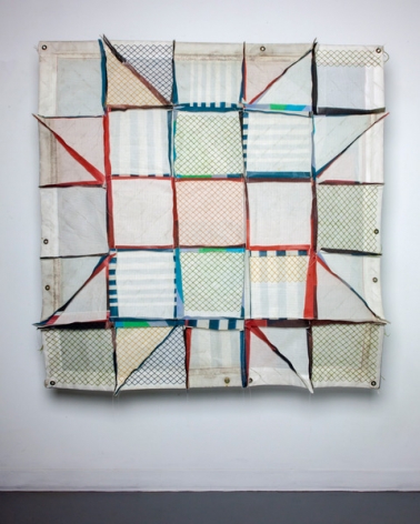 Lydia See  35.4275927,-83.4446604 Appalachian Dream, 2019  pieced salvaged construction mesh, thread, wool salvaged from closed rug weaving mill  55h x 55w in 139.70h x 139.70w cm  LS_007  $ 2,000.00, salvaged construction mesh stitched into a quilt, with various colors, red, green blue, orange