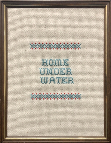 Kirsten Stolle  Home Under Water, 2014  Embroidery floss on aida cloth in a vintage frame  11h x 8 1/2w in -Home Under Water embroidered in light blue