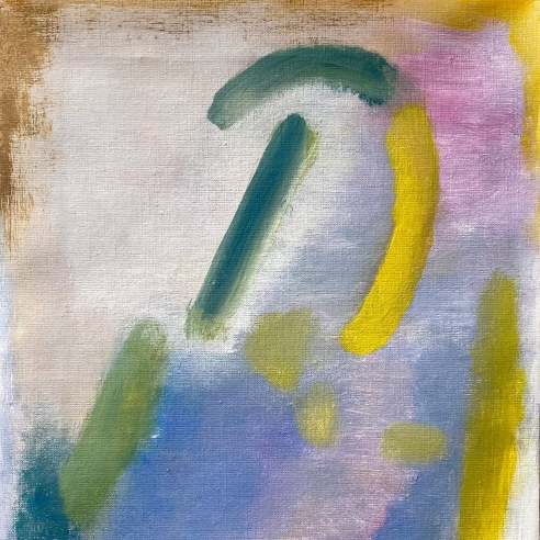 Abstract painting with green and yellow arched line